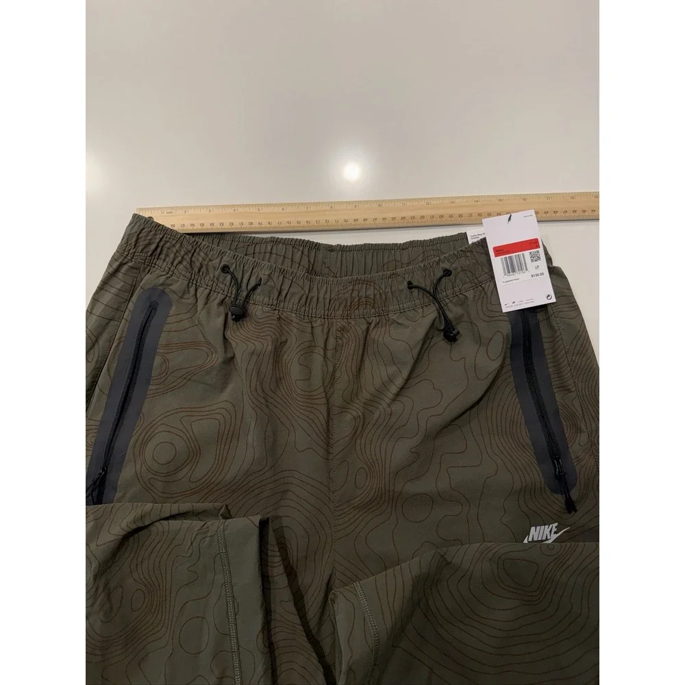 Nike Tech Open-Hem Woven Pants L Olive Topographic Print Straight Leg IM7838-325